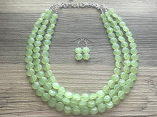 Load image into Gallery viewer, Honeydew Triple Strand statement necklace, round beaded chunky jewelry set, light green Bib silver earring mojito bridesmaid wedding