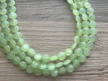 Load image into Gallery viewer, Honeydew Triple Strand statement necklace, round beaded chunky jewelry set, light green Bib silver earring mojito bridesmaid wedding