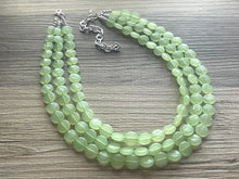 Load image into Gallery viewer, Honeydew Triple Strand statement necklace, round beaded chunky jewelry set, light green Bib silver earring mojito bridesmaid wedding