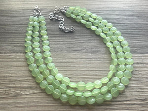 Honeydew Triple Strand statement necklace, round beaded chunky jewelry set, light green Bib silver earring mojito bridesmaid wedding