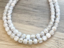 Load image into Gallery viewer, White &amp; Gold Geometric Bead Necklace, gold 2 Strand Statement Jewelry, clear Chunky bib, bridesmaid necklace, beaded jewelry painted