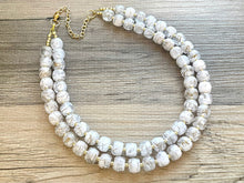 Load image into Gallery viewer, White &amp; Gold Geometric Bead Necklace, gold 2 Strand Statement Jewelry, clear Chunky bib, bridesmaid necklace, beaded jewelry painted