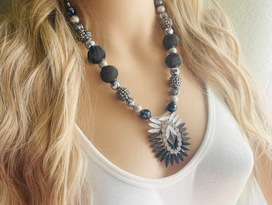 Silver Black & Gray Beaded Pendant Statement necklace, single strand neutral bead chunky layering necklace, glass lampwork beaded jewelry