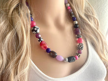 Load image into Gallery viewer, Jewel Tone Black statement necklace, purple silver necklace, bib chunky single strand necklace, pink jewelry lampwork beaded glass