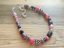 Load image into Gallery viewer, Jewel Tone Black statement necklace, purple silver necklace, bib chunky single strand necklace, pink jewelry lampwork beaded glass