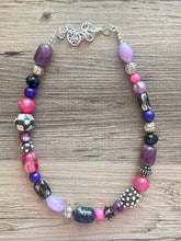 Load image into Gallery viewer, Jewel Tone Black statement necklace, purple silver necklace, bib chunky single strand necklace, pink jewelry lampwork beaded glass