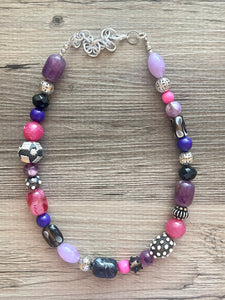 Jewel Tone Black statement necklace, purple silver necklace, bib chunky single strand necklace, pink jewelry lampwork beaded glass