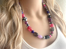 Load image into Gallery viewer, Jewel Tone Black statement necklace, purple silver necklace, bib chunky single strand necklace, pink jewelry lampwork beaded glass