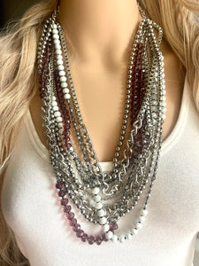 Ultimate Rockstar Statement Necklace, extra chunky rocker punk dramatic necklace, extra thick silver gray gunmetal glass beaded chain