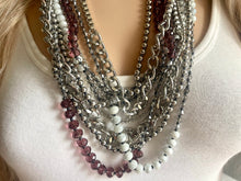 Load image into Gallery viewer, Ultimate Rockstar Statement Necklace, extra chunky rocker punk dramatic necklace, extra thick silver gray gunmetal glass beaded chain