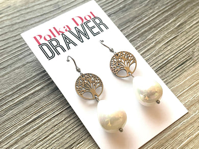 Tree of Life Earrings, Rhinestone inlay tree and pearl drop dangle earrings, white beaded silver Statement Jewelry