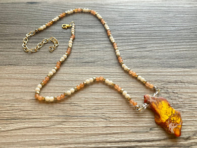 Orange Dragon Vein Agate Pendant Necklace with Coral and Cream Beaded Chain, bead pendant necklace single strand drop style