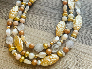 Gold Goddess chunky statement necklace, big beaded jewelry, gifts for women bib jewelry Multi-Strand metallic gold painted statement jewelry