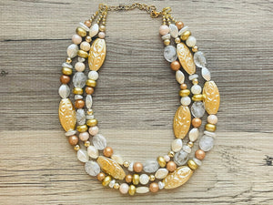 Gold Goddess chunky statement necklace, big beaded jewelry, gifts for women bib jewelry Multi-Strand metallic gold painted statement jewelry