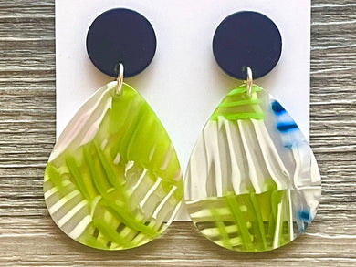 Navy Blue Green & White Teardrop earrings, round circle earrings, tortoise shell jewelry, royal blue earrings, acetate earring topper