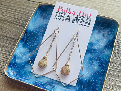 Chandelier Gem Flutter earrings, diamond shape earrings, flower gold geometric earrings pierced dangle drop vintage Statement
