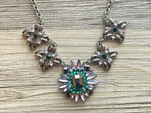 Load image into Gallery viewer, Crystal Statement Necklace, Rhinestone chunky necklace, Flower Pendant Jewelry lavender emerald purple vintage chunky bridesmaid green