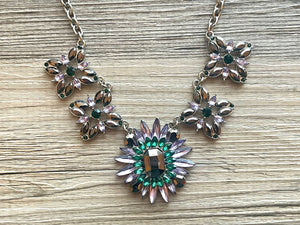 Crystal Statement Necklace, Rhinestone chunky necklace, Flower Pendant Jewelry lavender emerald purple vintage chunky bridesmaid green