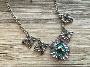 Crystal Statement Necklace, Rhinestone chunky necklace, Flower Pendant Jewelry lavender emerald purple vintage chunky bridesmaid green