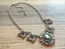 Load image into Gallery viewer, Crystal Statement Necklace, Rhinestone chunky necklace, Flower Pendant Jewelry lavender emerald purple vintage chunky bridesmaid green