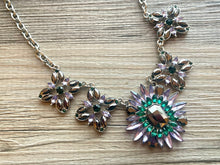 Load image into Gallery viewer, Crystal Statement Necklace, Rhinestone chunky necklace, Flower Pendant Jewelry lavender emerald purple vintage chunky bridesmaid green