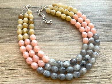 Three Strand gray pink tan Chunky statement necklace, big beaded jewelry, gifts for women, bib jewelry Multi-Strand necklac