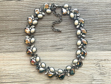 Gray & Pearl Statement Necklace, Chunky Jewelry with Rhinestone Charms, silver statement necklace, chunky bib necklace white cream