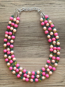 Tea Party & Brunch Necklace, Three Strand Pink Green wood statement necklace, blush pink emerald green chunky bib spring jewelry