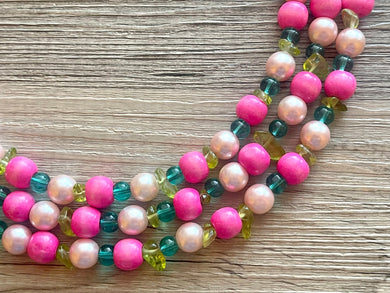 Tea Party & Brunch Necklace, Three Strand Pink Green wood statement necklace, blush pink emerald green chunky bib spring jewelry