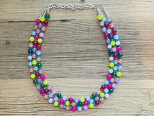 Load image into Gallery viewer, Birthday Rave Multi-Color Rainbow Silver Necklace, Chunky Statement Necklace Happy Bright Summer Jewelry, big beaded jewelry