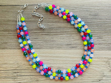 Load image into Gallery viewer, Birthday Rave Multi-Color Rainbow Silver Necklace, Chunky Statement Necklace Happy Bright Summer Jewelry, big beaded jewelry