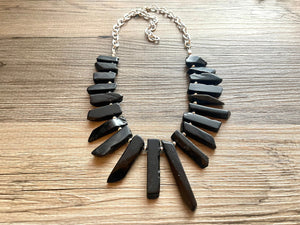 GemStone Chunky Statement Necklace, black necklace, gemstone necklace, long gem jewelry, beaded necklace, onyx stone spiky jewelry