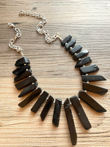 GemStone Chunky Statement Necklace, black necklace, gemstone necklace, long gem jewelry, beaded necklace, onyx stone spiky jewelry