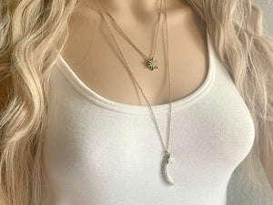 Vintage Silver Celestial Beaded long necklace, shiny beaded statement necklace, moon stars everyday metal chunky layering necklace