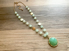 Load image into Gallery viewer, Vintage gold &amp; green gemstone Beaded long necklace, shiny beaded statement necklace, everyday metal chunky layering necklace acetate stones