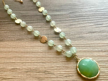 Load image into Gallery viewer, Vintage gold &amp; green gemstone Beaded long necklace, shiny beaded statement necklace, everyday metal chunky layering necklace acetate stones