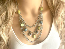 Load image into Gallery viewer, Vintage silver gemstone Beaded long necklace, shiny beaded statement necklace, everyday metal chunky layering yellow blue green