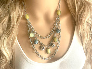 Vintage silver gemstone Beaded long necklace, shiny beaded statement necklace, everyday metal chunky layering yellow blue green