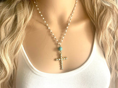 SALE! Pearl Beaded Cross Necklace, Chunky Statement Jewelry, single strand blue resin bead necklace religious jewelry