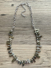 Load image into Gallery viewer, GemStone Chunky Statement Necklace, boho necklace, gemstone necklace, long gem jewelry, beaded necklace, gray green stone spiky jewelry