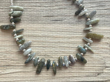 Load image into Gallery viewer, GemStone Chunky Statement Necklace, boho necklace, gemstone necklace, long gem jewelry, beaded necklace, gray green stone spiky jewelry