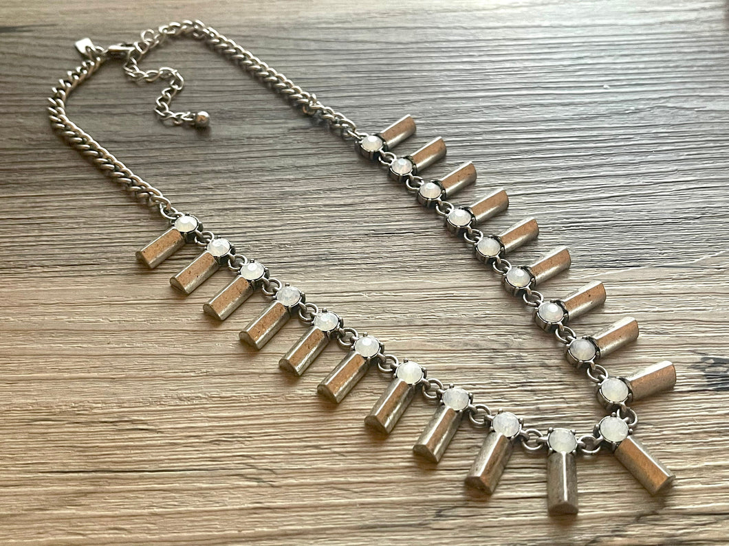 Geometric Statement Necklace, Chunky Spike Jewelry with Rhinestone Charms, silver statement necklace, chunky bib necklace white cream