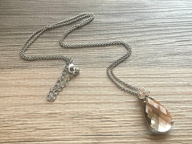 Vintage Long Quartz Necklace, single Strand glass Statement Jewelry, rhinestone necklace, layering bridesmaid, everyday crystal silver