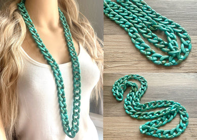 Long Acrylic necklace, seafoam linking acetate necklace, chain necklace, statement necklace jewelry, layering necklace turquoise