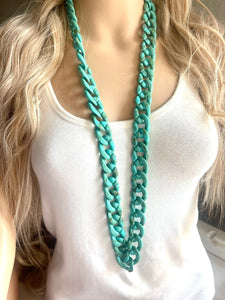 Long Acrylic necklace, seafoam linking acetate necklace, chain necklace, statement necklace jewelry, layering necklace turquoise