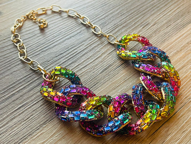 Unicorn Rainbow rhinestone Linking Chain Choker shirt necklace, stunning elegant gold statement bib, dark blue pink green chain beaded