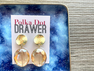 Gold & Peach Glass Shiny Drop Earrings, gold drop Earrings, Metal Geometric Earrings, shiny gold jewelry earrings metal fancy formal