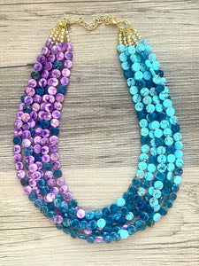 Blue & Purple Rainbow Pixel 6 strand OOAK statement Necklace, Aqua Purple Beaded Jewelry, summer silver jewelry island necklace ombré