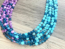 Load image into Gallery viewer, Blue &amp; Purple Rainbow Pixel 6 strand OOAK statement Necklace, Aqua Purple Beaded Jewelry, summer silver jewelry island necklace ombré