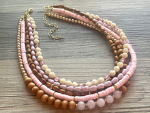 Load image into Gallery viewer, Pink Rose Quartz statement necklace, chunky bib beaded jewelry soft blush pink necklace, multi strand wood, Traveler Collection